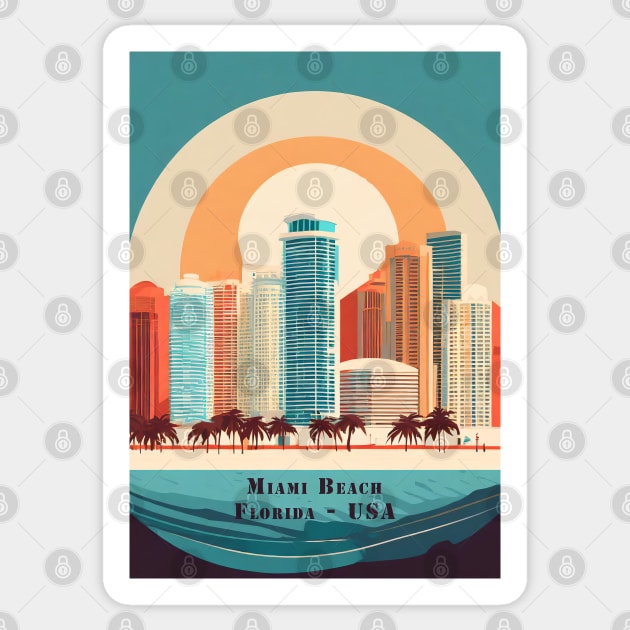 Minimal Vintage Retro Miami Beach Sunset Skyline Sticker by POD24